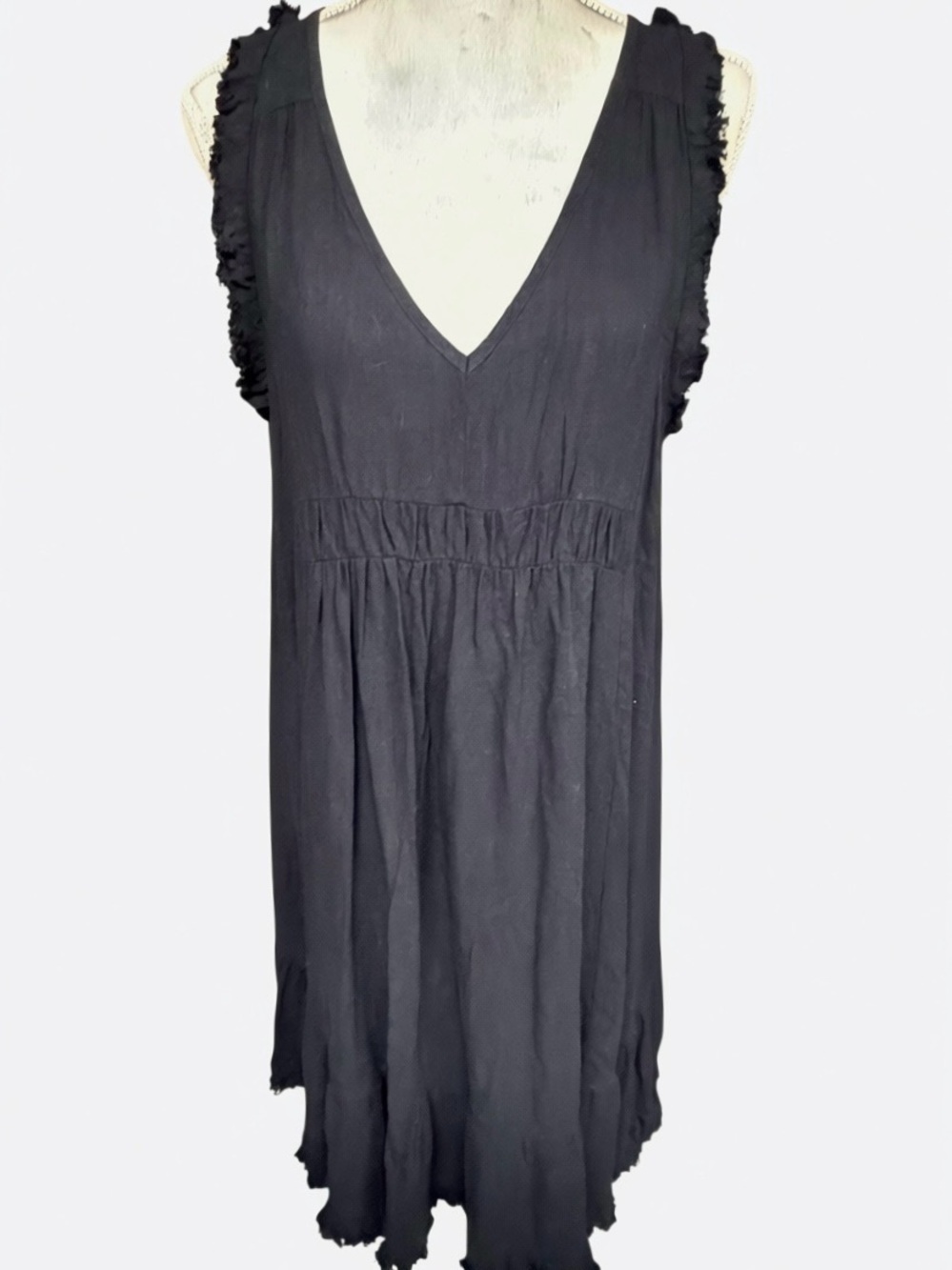 Umgee USA Black Distressed Raw Edge V Neck Boho Dress S